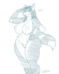  2014 anthro areola big_breasts breasts canine ceres_(jindragowolf) chubby female heterochromia jindragowolf mammal monochrome nipples nude pussy salute solo thick_thighs voluptuous wide_hips 
