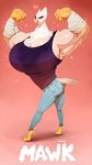  &lt;3 2014 anthro avian bandage beak big_breasts breasts clothed clothing eyelashes female flexing hi_res huge_breasts jeans mawk muscles muscular_female open_mouth red_eyes shirt solo standing sunibee sweat tank_top 