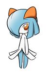  ambiguous_gender blue_hair blush dress hair horn kirlia looking_at_viewer nintendo orange_eyes plain_background pok&eacute;mon rakkuguy_(artist) shiny_pok&eacute;mon solo video_games young 