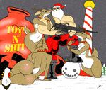 abs ammo_belt anthro bag beard big_breasts breasts butt cervine cigar clothed clothing collar english_text facial_hair female glowing_nose group gun half-dressed hat holding holding_weapon hooves human leash mammal muscles nude ranged_weapon red_nose reindeer santa_claus smoke snow snowing surprise text topless tree weapon wide_hips zp92 