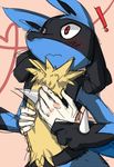  ambiguous_gender blue_fur blush canine disembodied_hand fur human lesuope_(artist) lucario mammal nintendo pok&eacute;mon red_eyes solo tuft video_games 