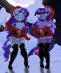  2014 anthro anthrofied blue_eyes blush boots christmas cleavage clothed clothing color costume cutie_mark danmakuman digital_media_(artwork) duo elbow_gloves equine eyeshadow female friendship_is_magic gloves hair hat high_heels holidays horn makeup mammal moon my_little_pony night outside ponyguy67 purple_eyes purple_hair rarity_(mlp) santa_hat sketch snow standing star thigh_boots tree twilight_sparkle_(mlp) unicorn winged_unicorn wings winter_hat 
