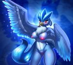  2014 anthro articuno avian beak big_breasts blush breasts chest_tuft elpatrixf female fur looking_at_viewer nintendo nipples nude pok&eacute;mon pussy red_eyes solo sparkle tuft video_games wings 