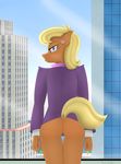  2014 anthro anthrofied blonde_hair blue_eyes building butt city duo ear_piercing equine female formal_gentleman friendship_is_magic glass hair horse mammal ms_harshwhinny_(mlp) my_little_pony piercing pony pussy scarf suit tree window 