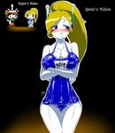 blonde_hair blue_eyes blush cave_story cleavage clothed clothing crossed_arms curly_brace duo english_text female gblastman hair machine male mechanical multiple_scenes ponytail robot solo swimsuit text video_games white_skin wide_hips 