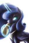  2014 banana blue_fur blue_hair equine female food friendship_is_magic fruit fshydale fur hair horn long_hair looking_at_viewer magic mammal my_little_pony princess_luna_(mlp) solo suggestive teal_eyes winged_unicorn wings 