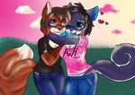  &lt;3 anthro canine cinnamama cleavage clothed clothing curled_tail dog duo eyewear facial_piercing female fox glasses hug mammal nose_piercing piercing 