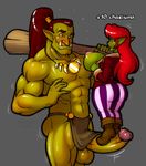  2014 abs anthro areola balls biceps big_breasts breasts clothing club demien duo erect_nipples erection female flashing goblin huge_breasts humanoid male muscles nipples orc partially_clothed pecs penis weapon 