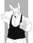  anthro biceps clothing flip_(kokuhane) flower fur kokuhane lagomorph male mammal muscles pecs plant rabbit rose shirt solo tank_top 