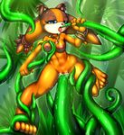  2014 anthro anus badger blue_eyes boomerang breasts butt female hi_res jungle looking_at_viewer looking_back mammal mnxenx001 mustelid nipples nude open_mouth pussy sega side_boob solo sonic_(series) standing sticks_the_jungle_badger tentacles 