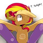  2014 blonde_hair blue_eyes dialogue duo english_text equestria_girls equine female friendship_is_magic hair horn lying mammal marenlicious my_little_pony on_back on_top pinned red_hair sunset_shimmer_(eg) sweat text twilight_sparkle_(mlp) two_tone_hair unicorn 