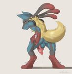  2014 anthro anus backsack balls blue_fur butt claws cum cum_on_ground digitigrade dreiker erection fur looking_at_viewer lucario male masturbation mega_evolution mega_lucario nintendo nude orange_eyes penis plain_background pok&eacute;mon smile solo spikes teeth toes video_games 