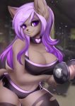  2018 4_toes adorableinall anthro areola breasts canine detailed_background digital_media_(artwork) dog dumbbell eyelashes female gym hair mammal nitricacid purple_eyes purple_hair solo standing toes weights 