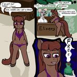  anthro brown_fur clothing comic duo english_text equine female foxfoxplz fur hair horse long_hair male mammal mouse outside pony potion rodent swimsuit text 