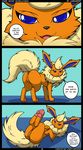  2014 absurd_res anus black_nose blue_eyes dialogue eeveelution english_text female feral flareon fur hi_res kuroodod looking_at_viewer looking_back lying nintendo on_back open_mouth orange_fur paws pok&eacute;mon presenting pussy solo standing text video_games yellow_fur 