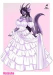  2014 anthro big_breasts breasts cleavage clothed clothing dragon dress female fingerless_gloves flower gloves hair horn plant purple_eyes purple_hair skyraptor solo standing wedding_dress 