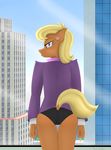  2014 anthro anthrofied blonde_hair blue_eyes building butt city clothing ear_piercing equine female formal_gentleman friendship_is_magic glass hair horse mammal ms_harshwhinny_(mlp) my_little_pony panties piercing pony pussy scarf solo suit tree underwear window 