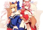  animal_ears breast_hold cleavage cosplay dress fate/extra fate/grand_order fate/stay_night japanese_clothes muryou pantsu saber_extra see_through tamamo_no_mae thighhighs 