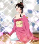  breasts brown_hair cleavage japanese_clothes kimono nisekoi onodera_kosaki screencap sparkle wafuku yellow_eyes 