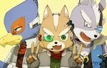  anthro avian bird blue_eyes canine eye_patch eyewear falco_lombardi fox fox_mccloud green_eyes group jacket looking_at_viewer male mammal mow necklace nintendo open_mouth pheasant purple_eyes scarf star_fox video_games wolf wolf_o&#039;donnell 