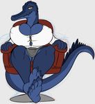  anthro areola big_breasts breasts chair cleavage cloth clothed clothing crocodile female green_eyes huge_breasts hyper hyper_breasts looking_at_viewer nisha reptile scalie shirt sitting skirt solo t-bone_(artist) 