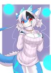 anthro blue_fur bottomless breasts chest_tuft cleavage clothed clothing collar cute digital_media_(artwork) dragon female fur furred_dragon hair half-dressed ice kemono keyhole_turtleneck looking_at_viewer red_eyes smile solo sweater three-quarter_portrait tuft two_tone_hair white_fur white_hair wolflong 