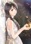  black_eyes black_hair dress gift highres kinoebi long_hair original reflection solo standing valentine 