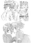  4girls :d animal_hood back-to-back blush double_bun dress fangs flying_sweatdrops glasses gloom_(expression) greyscale hidamari_sketch hiro hood hooded_jacket jacket kyapu-10 monochrome multiple_girls nazuna nori o_o open_mouth outstretched_arms pants plaid plaid_shirt rimless_eyewear sae shirt short_hair smile star sweatdrop teardrop trembling twintails wavy_hair wing_collar ||_|| 