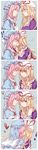  !! 2girls 5koma ? absurdres augetsix bangs blonde_hair blue_background blush breasts cheek_kiss choker cleavage closed_eyes comic commentary_request constricted_pupils dress elbow_gloves embarrassed eye_contact face-to-face flying_sweatdrops frilled_dress frilled_shirt_collar frills gloves grabbing hand_on_another's_chin hand_on_another's_face hat hat_ribbon heart highres japanese_clothes kimono kiss light_bulb long_hair looking_at_another medium_breasts mob_cap multiple_girls pink_eyes pink_hair puffy_sleeves purple_eyes ribbon saigyouji_yuyuko short_hair silent_comic simple_background smile surprised touhou triangular_headpiece veil white_gloves yakumo_yukari yuri 