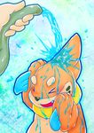  abstract_background ambiguous_gender buizel disembodied_hand duo eyes_closed fur hose human mammal mustelid nintendo open_mouth orange_fur otter pok&eacute;mon rasuku＠07_(artist) teeth video_games water 