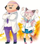  &gt;_&lt; 1girl animal_ears arms_up bald blue_skirt character_request closed_eyes copyright_request crossed_arms facial_hair headband long_hair mustache namo_(goodbyetears) necktie open_mouth pink_hair pleated_skirt shoes skirt socks source_request standing tail white_background 