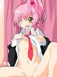  1girl blush breasts curtains female hair_ornament hentai_(1985) hinamori_amu knee_up navel necktie nipples open_clothes open_mouth open_shirt pink_hair ponytail pussy shirt shirt_lift shugo_chara! side_ponytail sitting small_breasts smile solo spread_legs uncensored v wink yellow_eyes 