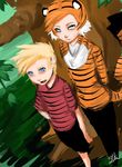  animal_ears animal_print blonde_hair blue_eyes calvin calvin_&amp;_hobbes deviantart_sample hand_on_hip highres hobbes hood hoodie image_sample lokiescape multiple_boys open_mouth personification shirt short_hair shorts smile spiked_hair striped striped_shirt tail tiger tiger_ears tiger_print tiger_tail tree 