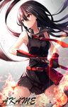  akame akame_ga_kill! bare_arms belt black_hair breasts character_name collar collarbone elbow_gloves fire gloves highres long_hair looking_away medium_breasts necktie red_eyes rin_yuu skirt solo sword weapon 