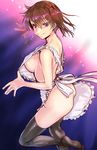  apron ass blush breasts brown_hair highres kaga_(kantai_collection) kantai_collection katase_minami large_breasts naked_apron short_hair side_ponytail sideboob smile solo thighhighs 