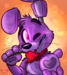  &lt;3 2014 abstract_background anthro bonnie_(fnaf) bow_tie english_text five_nights_at_freddy&#039;s flower fur lagomorph looking_at_viewer machine male mammal mechanical one_eye_closed paws pink_eyes plant purple_fur rabbit robot rose smile teeth text thedoggygal whiskers wink 
