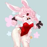  anthro female fishnet fur hair kemono lagomorph legwear long_hair mammal pigtails pink_fur pink_hair rabbit red_clothing red_eyes solo stockings づきことら 