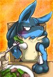  abstract_background ambiguous_gender blue_fur blush canine chair disembodied_hand duo eating food fork fur human lucario mammal nintendo pok&eacute;mon rasuku＠07_(artist) red_eyes table video_games 