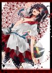  absurdres ahoge arrow arrow_through_heart bangle black_hair blood blood_from_mouth border bow bracelet directional_arrow dress highres hiso_(inoino_4) horns impaled injury jewelry kijin_seija multicolored_hair open_mouth red_eyes red_hair short_hair solo streaked_hair tears touhou unbuttoned white_hair 