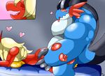  &lt;3 2014 anthro avian bed biceps blaziken blonde_hair blue_skin blush breasts butt duo eyes_closed female hair happy happy_sex male mega_evolution mega_swampert muscles nintendo nude open_mouth pecs penetration plain_background pok&eacute;mon red_eyes red_skin sex smile straight swampert tongue tongue_out video_games zombiewolf 
