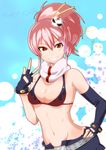  belt bikini_top bow breasts cosplay fingerless_gloves gloves hair_bow hair_ornament hamaeru hand_on_hip highres idolmaster idolmaster_cinderella_girls jewelry jougasaki_mika medium_breasts midriff navel pink_hair scarf short_hair short_shorts shorts smile solo tengen_toppa_gurren_lagann thighhighs yellow_eyes yoko_littner yoko_littner_(cosplay) 