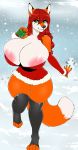  2018 anthro areola armwear big_breasts breasts canine clothed clothing colored_nails digital_media_(artwork) dipstick_ears dipstick_tail female fox green_eyes hair hi_res holly_(plant) huge_breasts legwear long_hair mammal mole_(marking) multicolored_tail niis plant red_hair smile snow solo 