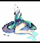  barefoot fish_girl head_fins ichiyan japanese_clothes kimono letterboxed mermaid monster_girl obi reverse_mermaid sash solo touhou wakasagihime wakasagihime_(fish) water 