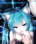  animal_ears aqua_eyes aqua_hair bai_yemeng blush breasts bubble cat_ears cleavage close-up finger_to_mouth hair_ribbon hatsune_miku hidden_mouth highres long_hair off_shoulder out_of_frame revision ribbon small_breasts tail twintails vocaloid 