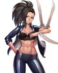  abs black_hair blade boku_no_hero_academia breasts cleavage diestro hair_over_one_eye hand_on_hip jacket lips long_hair medium_breasts midriff navel open_clothes open_jacket ponytail sleeves_rolled_up solo yaoyorozu_momo 