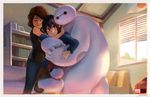  1girl bad_id bad_pixiv_id baymax big_hero_6 black_hair brown_hair cass_hamada cat family highres hiro_hamada hug mochi_(big_hero_6) robot sandwiched smile stellarism 