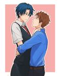  1girl blue_hair brown_eyes brown_hair couple gekkan_shoujo_nozaki-kun green_eyes height_difference hetero hori_masayuki hug kashima_yuu reverse_trap short_hair simple_background warable 