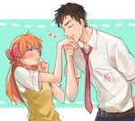  1girl blue_background blush bow closed_eyes gekkan_shoujo_nozaki-kun hand_kiss hand_to_own_mouth heart hetero kiss long_hair necktie nozaki_umetarou orange_hair polka_dot polka_dot_bow purple_eyes rouman_academy_uniform sakura_chiyo school_uniform simple_background sweater_vest warable wavy_mouth 