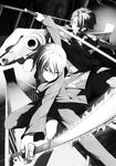  1girl chainsword dual_wielding etsusa_oohashi greyscale gun highres holding kanashima_ginga magenta_(atyana) monochrome sahara_jun short_hair sword weapon 