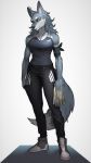  2018 amber_eyes anthro anthrofied canine clothed clothing digital_media_(artwork) eyebrows eyelashes female foot_wear footwear full-length_portrait fully_clothed fur grey_fur grey_hair hair half-closed_eyes hi_res holding_object legwear looking_at_viewer mammal muscular pgm300 portrait pose seductive shoes simple_background smile solo solo_focus standing thick_thighs white_background wolf yellow_eyes 